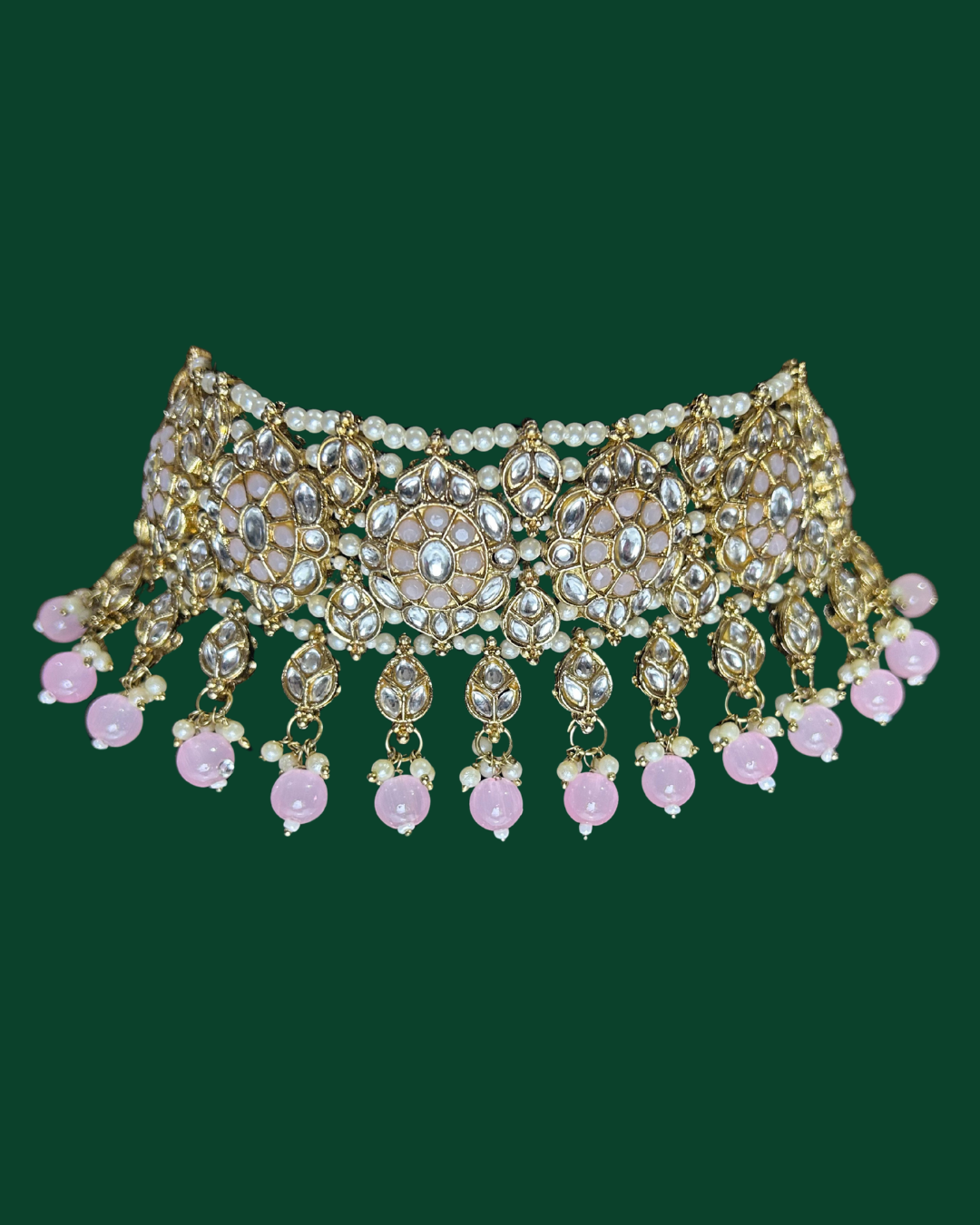 Pearl Kundan Choker Set with Light Pink Beads - Image 2