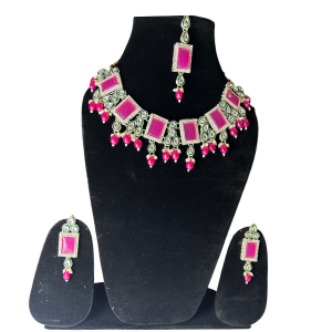 Trendy Royal Pink Necklace Set with Earrings & Maang Tikka
