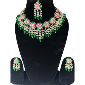 Green and Pink Kundan Round Necklace Set with Earrings β Luxeloot