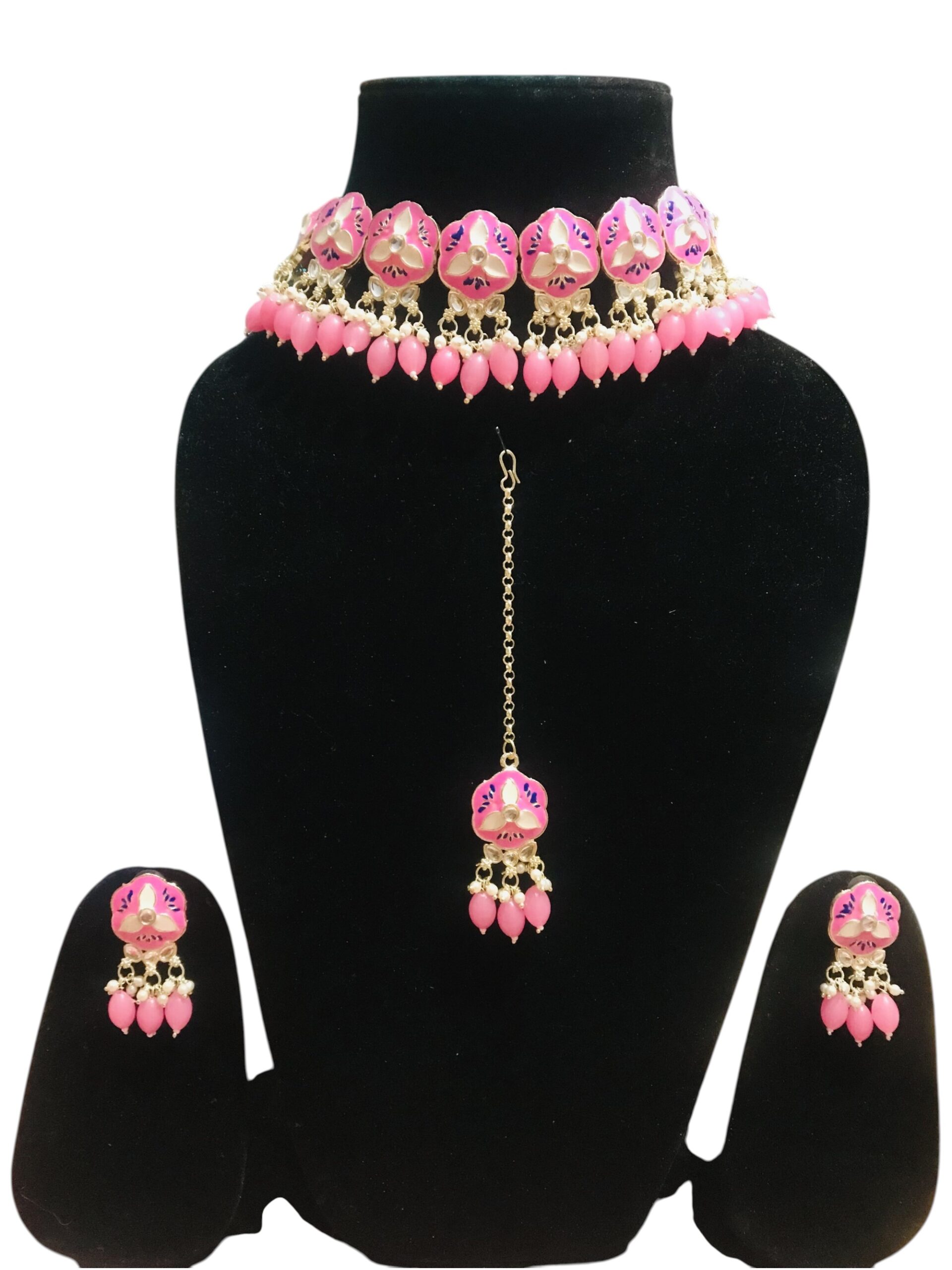 Baby pink floral artificial jewellery choker set with earrings and maang tikka