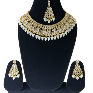 alt="Gold plated pastel kundan choker set front view