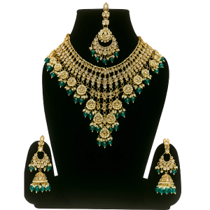Regal Emerald Green Kundan Bridal Jewellery Neckless Set for Women