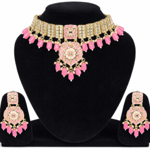 Baby pink kundan necklace set with matching earrings for women, traditional Indian artificial jewellery for weddings and festive wear
