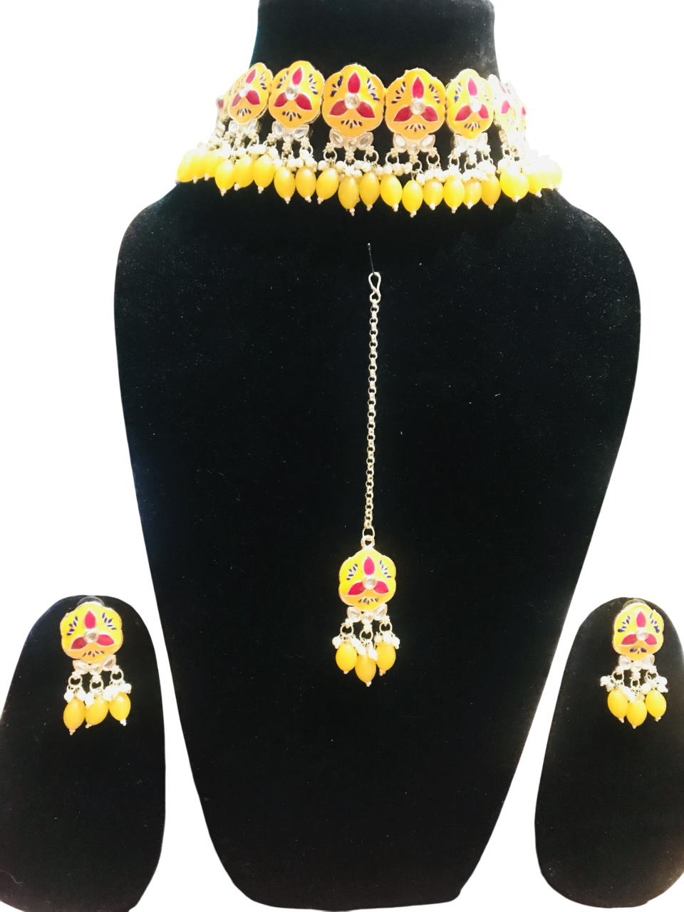 Yellow floral artificial jewellery choker set with earrings and maang tikka