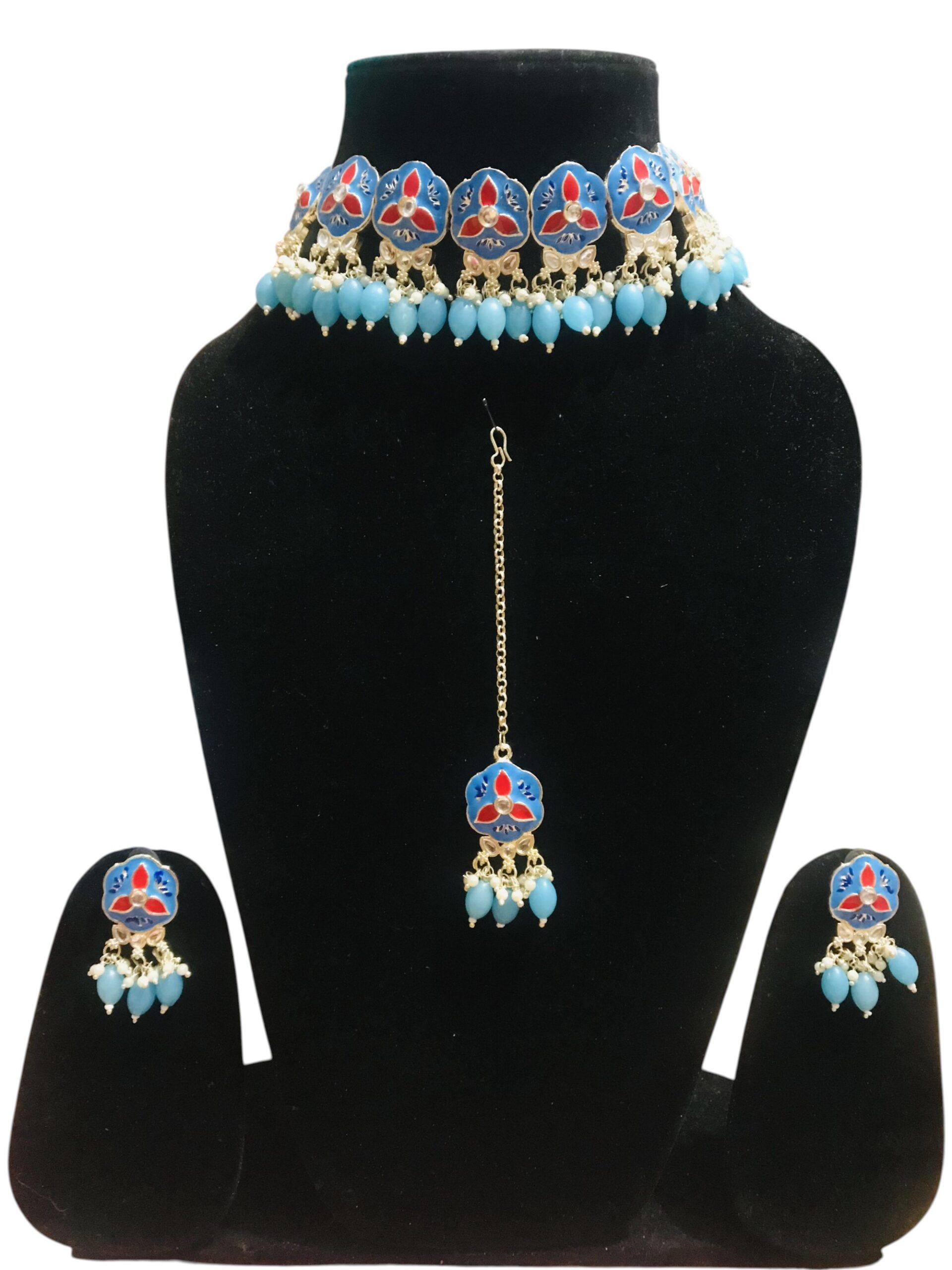 Sky Blue floral artificial jewellery choker set with earrings and maang tikka
