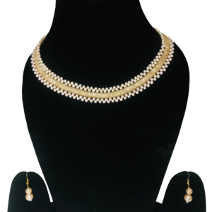 Gold toned layered pearl necklace set with matching pearl earrings for women, elegant artificial jewellery for weddings and festive wear